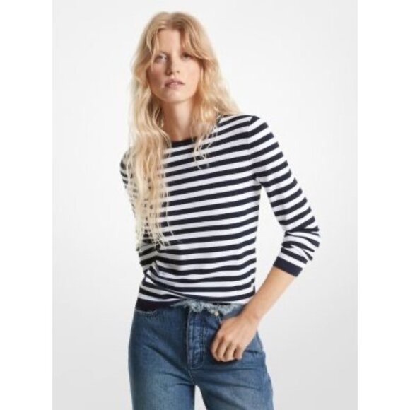 Michael Michael Kors Navy & White Striped Long Sleeve Sweater Top - Picture 1 of 15